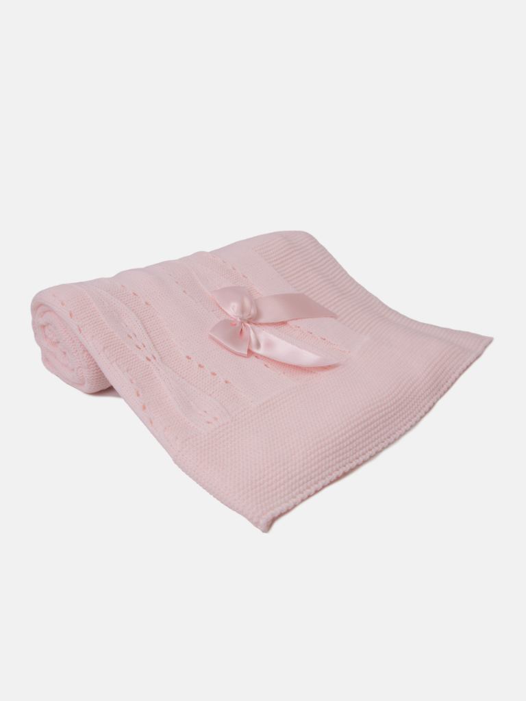 Baby Spanish Delicate Knitted Blanket with Bow - Baby Pink