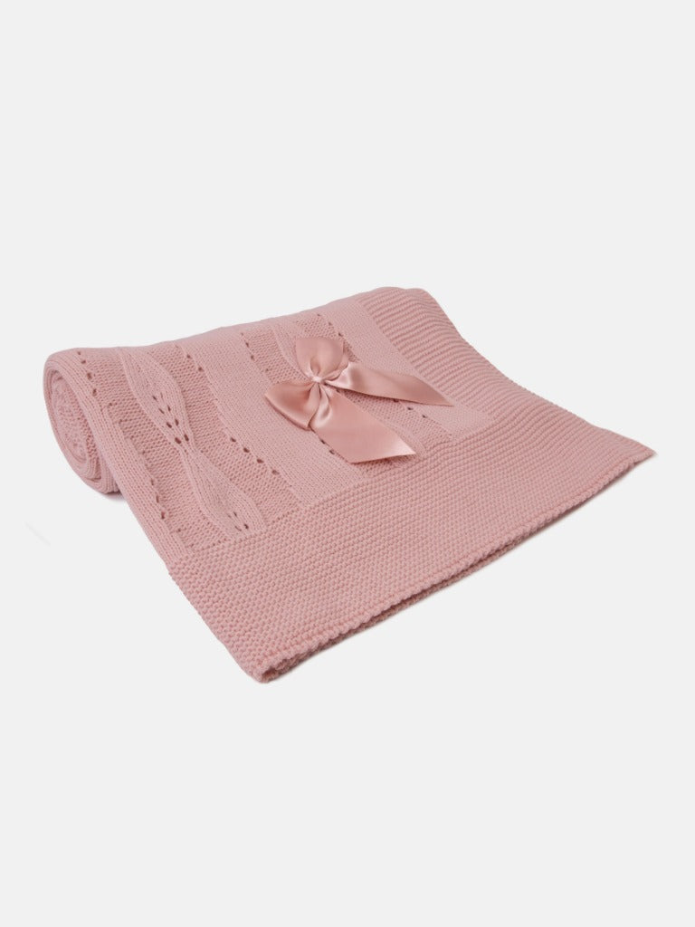 Baby Spanish Delicate Knitted Blanket with Bow - Dusty Pink