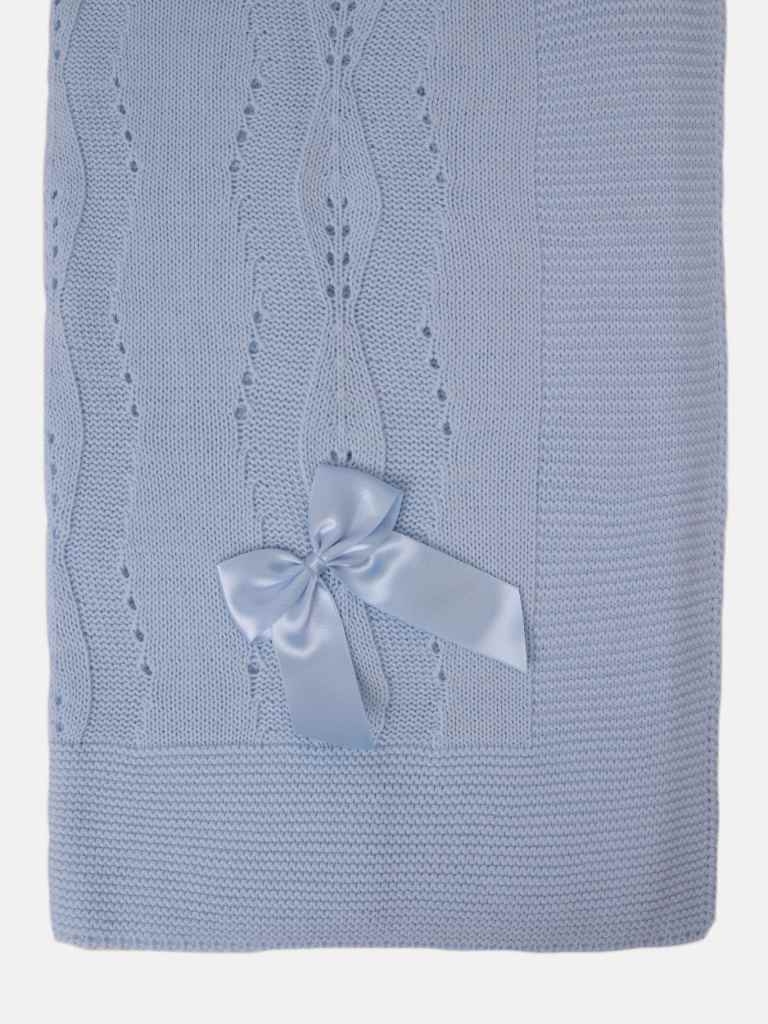 Baby Spanish Delicate Knitted Blanket with Bow - Baby Blue