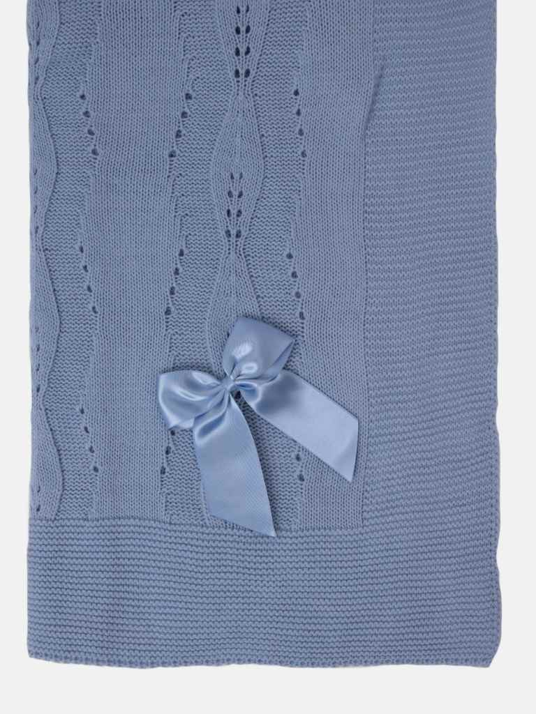 Baby Spanish Delicate Knitted Blanket with Bow - Dark Blue