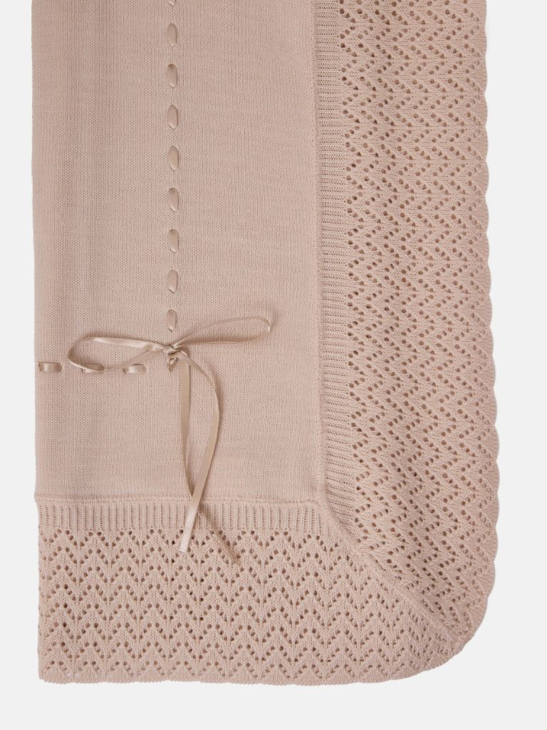 Baby Spanish Luxury Knitted Shawl with Ribbon - Beige