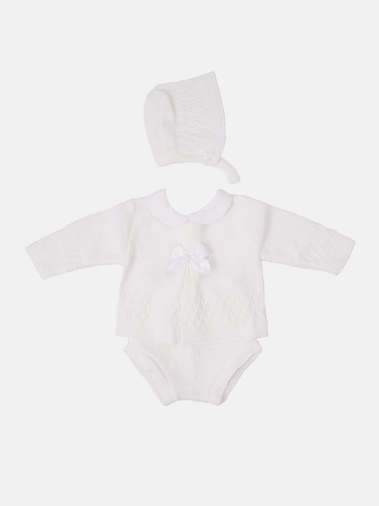Baby Girl Sofia Collection Knitted 3 piece set with Satin Bow and Bonnet - White