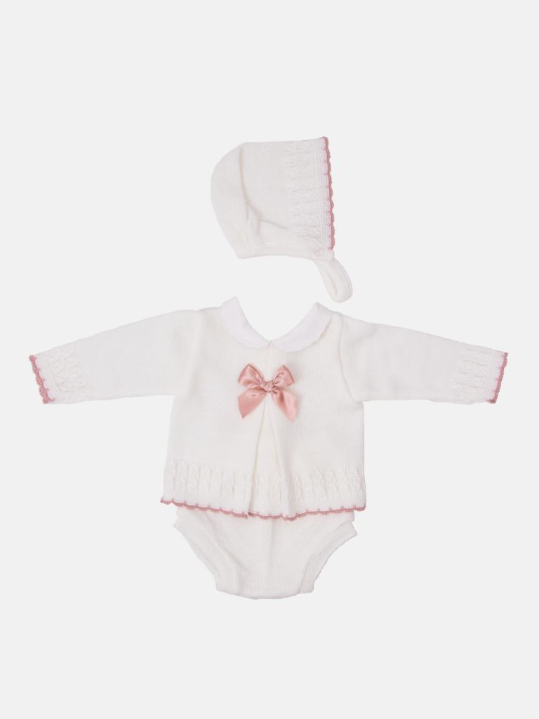 Baby Girl Sofia Collection Knitted 3 piece set with Satin Bow and Bonnet - White with Dusty Pink Bow