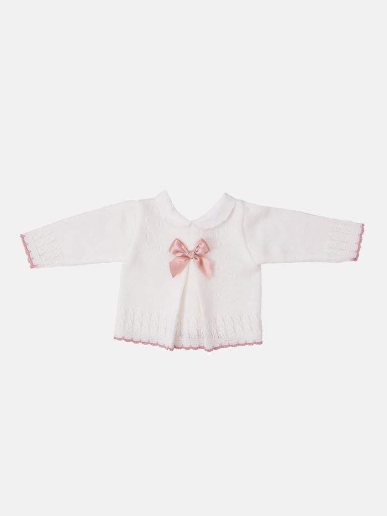 Baby Girl Sofia Collection Knitted 3 piece set with Satin Bow and Bonnet - White with Dusty Pink Bow