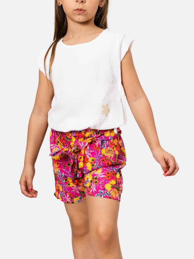 Junior Girl Louane French Collection Top with flower and Floral Printed Shorts with Elasticated Drawstring Set - White and Fuchsia Pink
