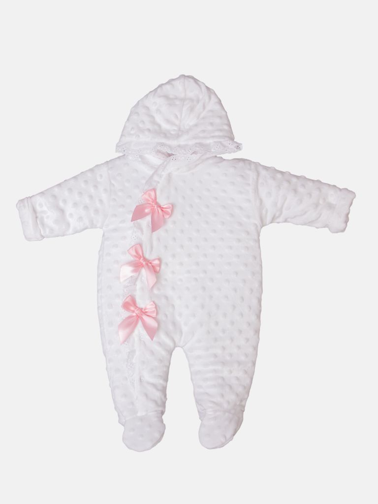 Baby Girl Bubble Hooded Pramsuit with Booties - White