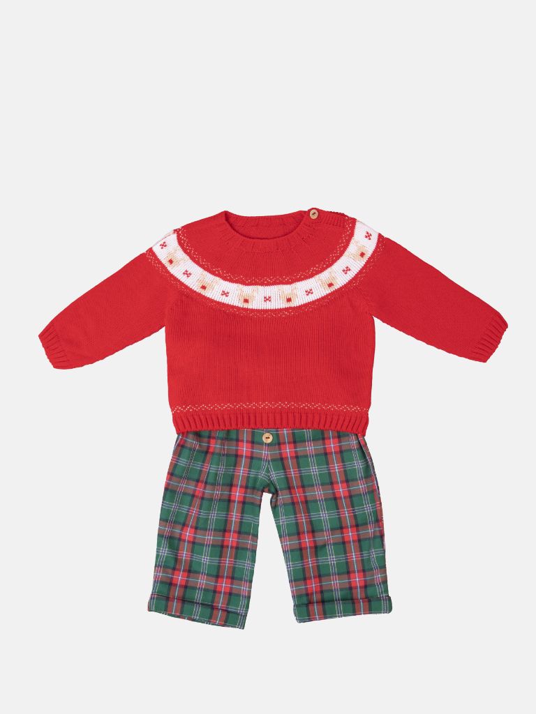 Baby Boy Rudolph Collection Knitted 2-piece Sweater and Pyjama Set - Small Fit - Red and Green