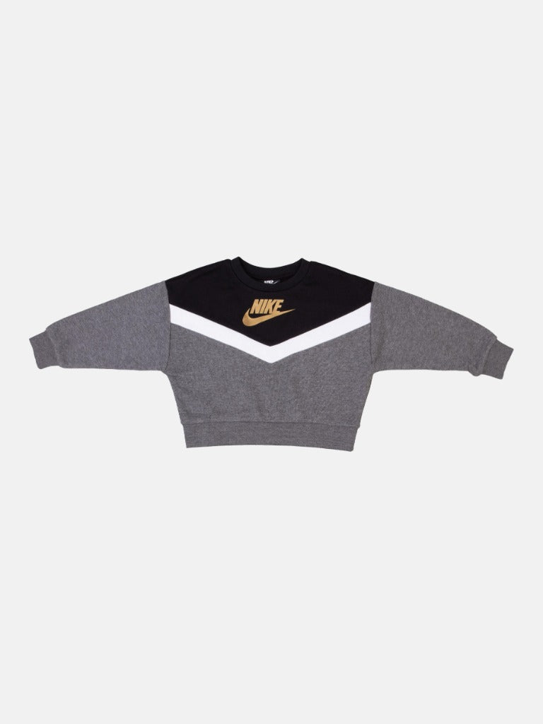 Nike Junior Grey and Black Textured Sweatshirt with Gold Nike Logo and White Strip - Grey