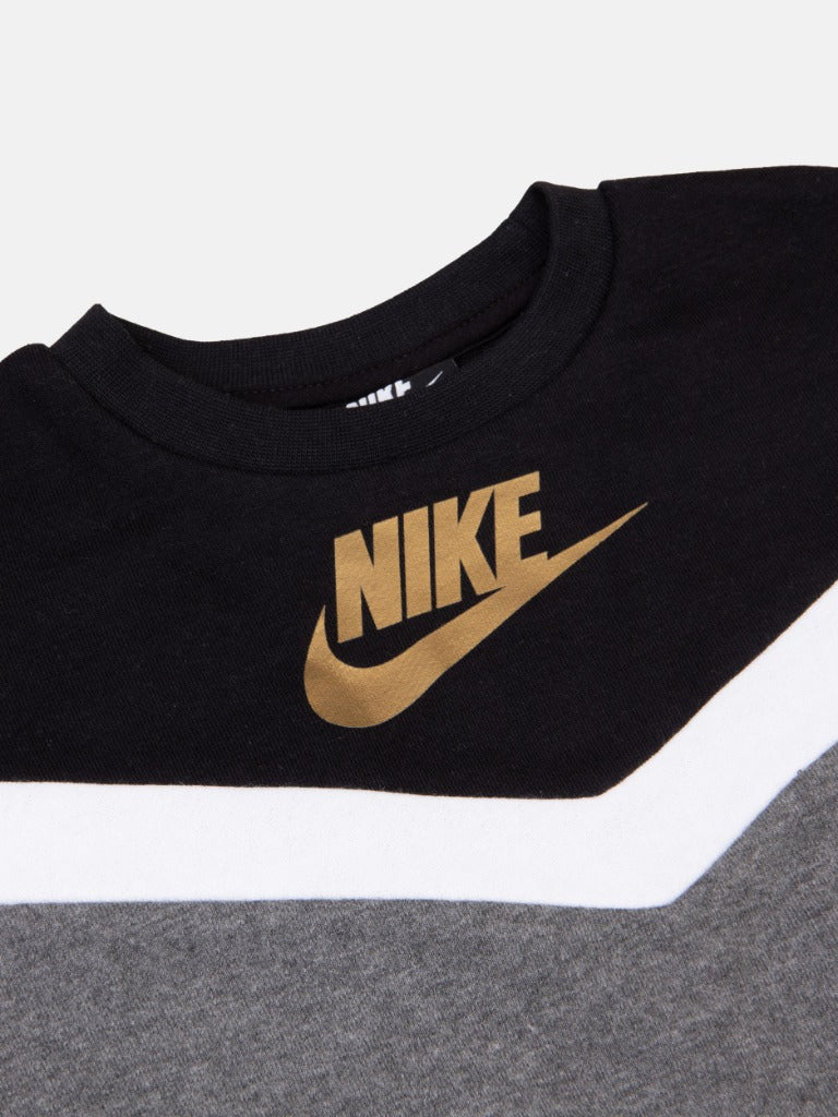 Nike Junior Grey and Black Textured Sweatshirt with Gold Nike Logo and White Strip - Grey