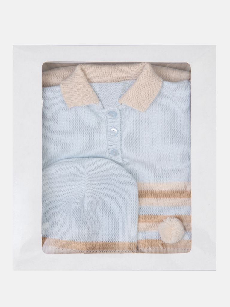Baby Unisex 3-piece Striped Knitted Gift Box Set with Full Sleeve Polo with Pom-pom, Trouser, and Beanie Hat - Baby Blue