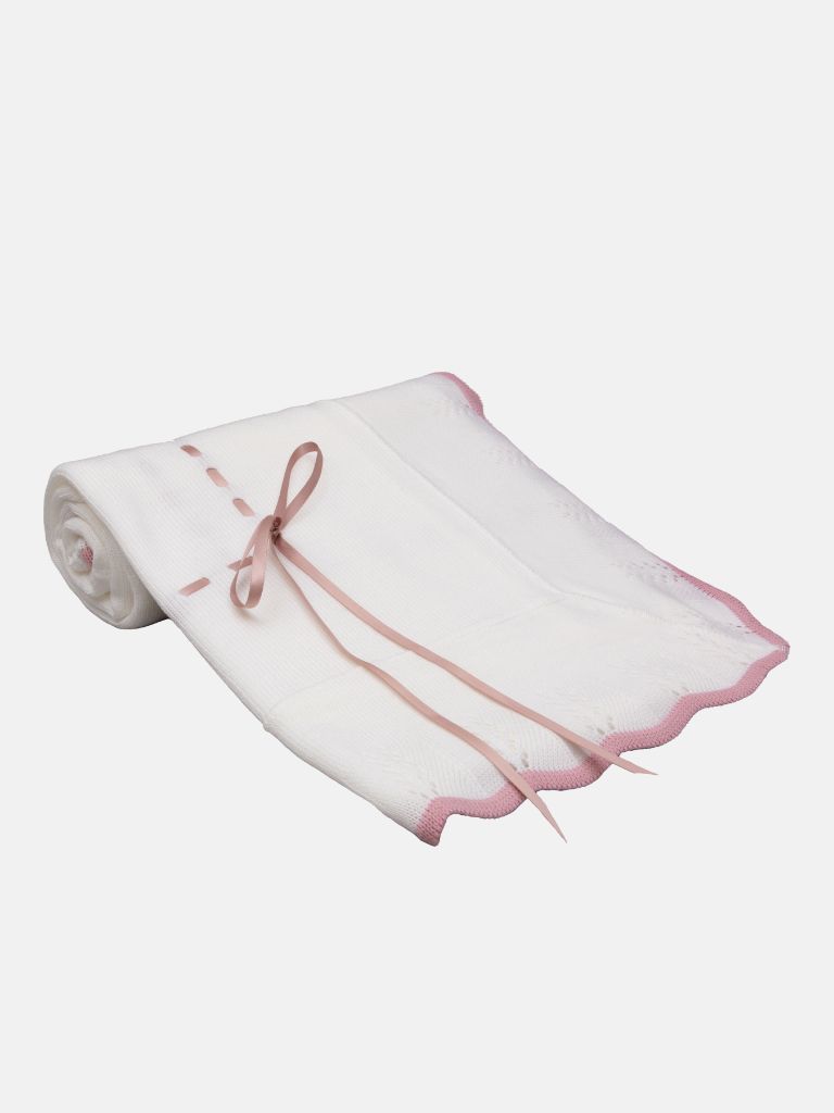 Baby Spanish Shawl with Coloured Scalloped Hem and Satin Ribbon -White & Dusty Pink