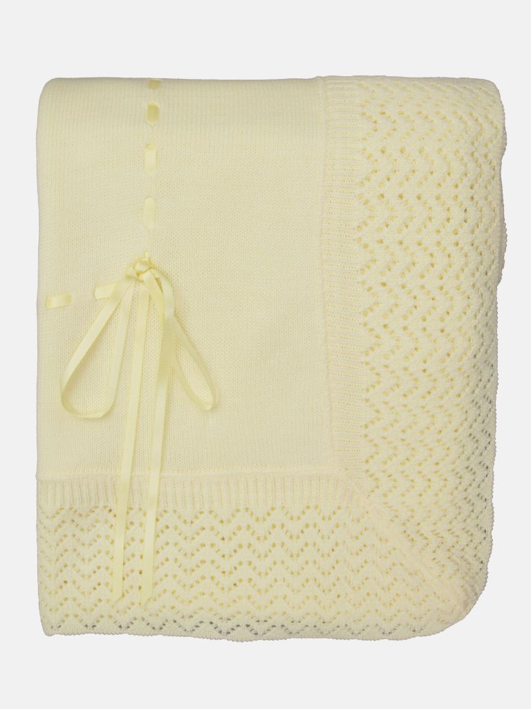 Baby Spanish Luxury Knitted Shawl with Ribbon - Yellow