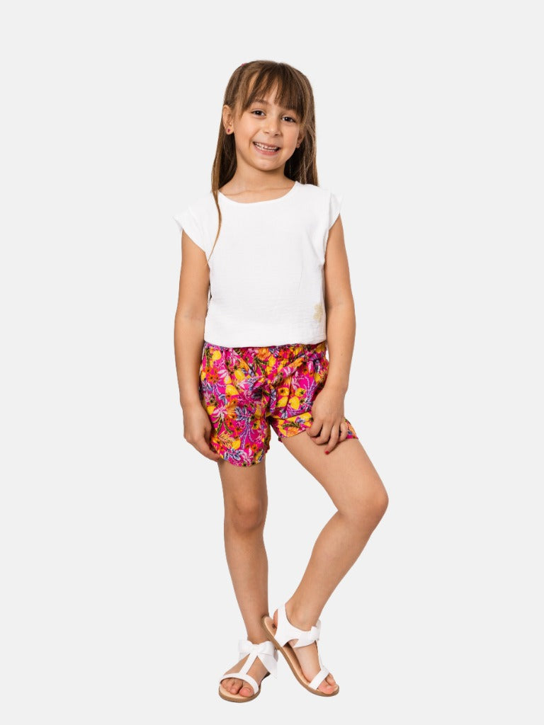 Junior Girl Louane French Collection Top with flower and Floral Printed Shorts with Elasticated Drawstring Set - White and Fuchsia Pink