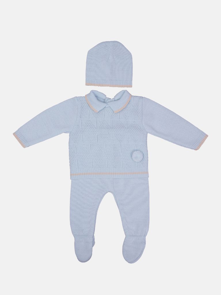 Baby Boy New Santiago Collection Knitted 3 piece set with Pompom - Baby Blue