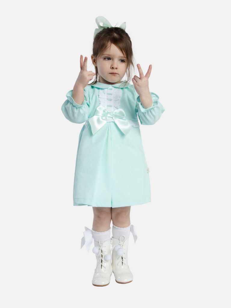 Baby Girl Julieta Classic Dress With Bow Long Sleeves - Mint - Normal Fit