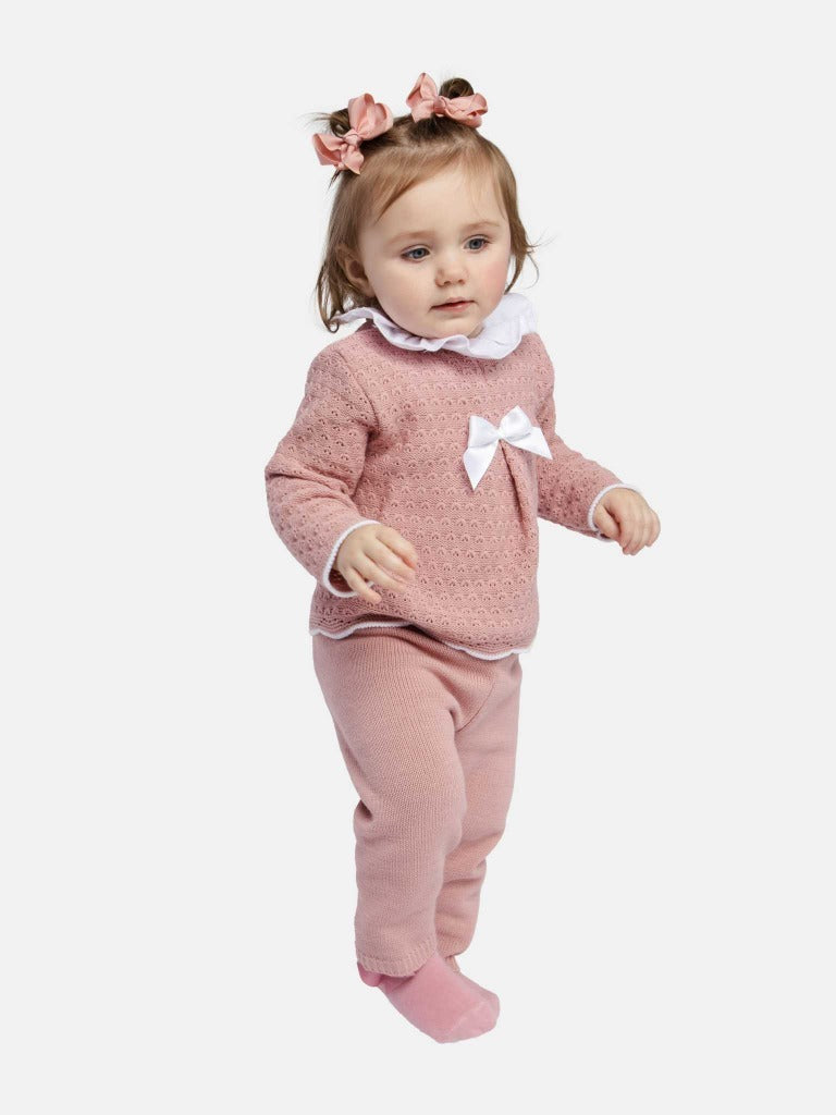 Baby Girl Mia Collection 3-piece Dusty Pink Knitted Set with Bow and Bonnet