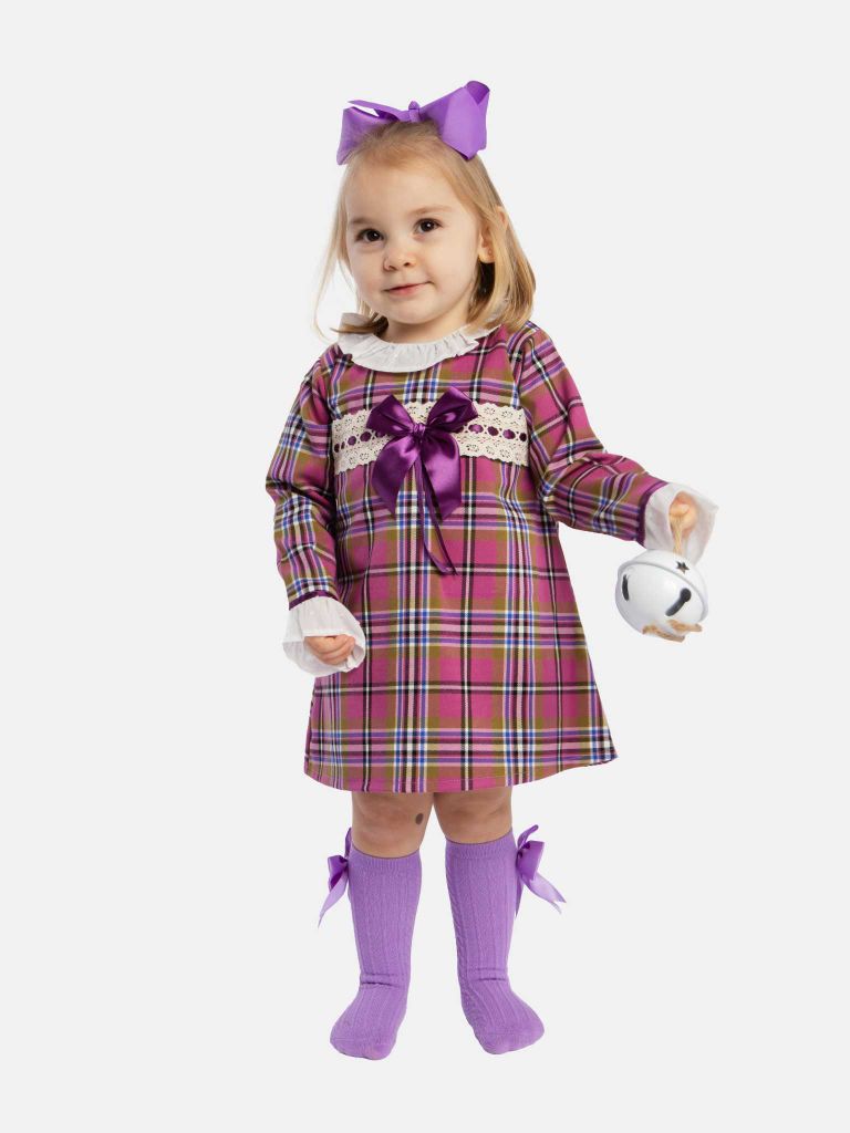 Baby Girl Luxury Tartan Frilly Dress with Bow and Knickers - Lilac with Purple Bow - Normal Fit