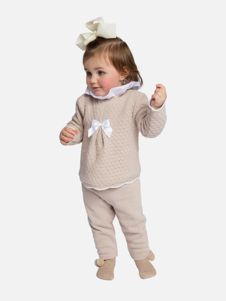 Baby Girl Mia Collection 3-piece Knitted Set with Bow and Bonnet-Beige