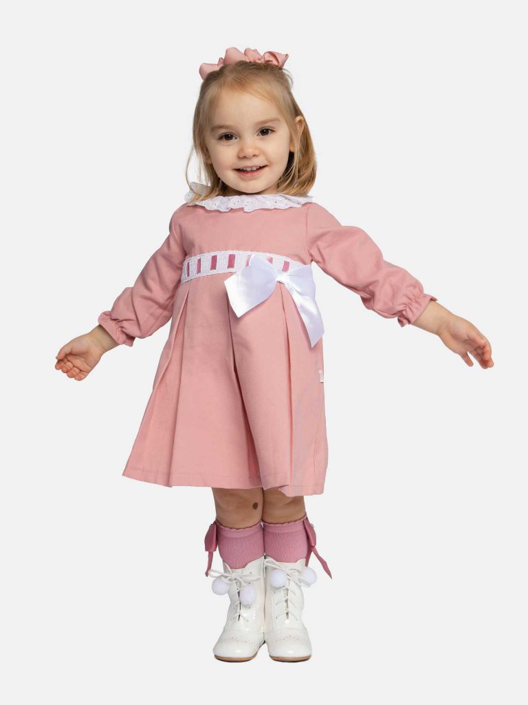 Baby Girl Valentina Dress with Bow and Frills - Dusty Pink