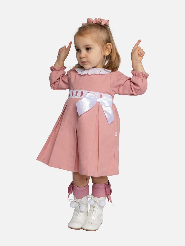 Baby Girl Valentina Dress with Bow and Frills - Dusty Pink