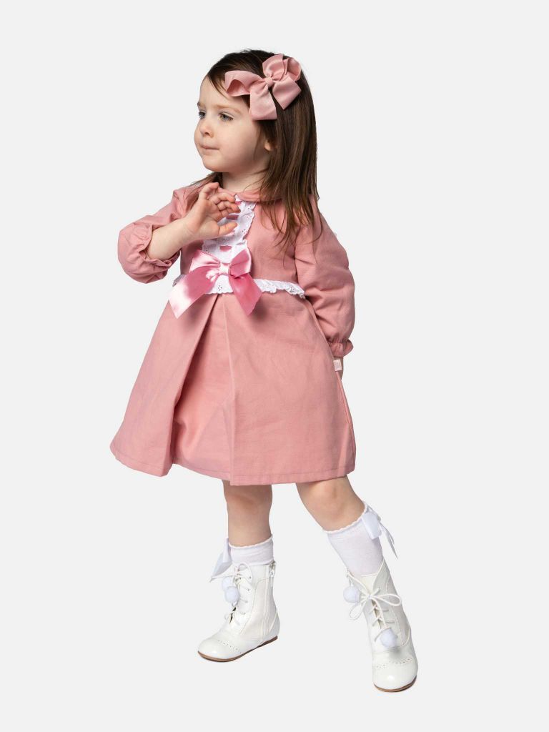 Baby Girl Julieta Classic Dress With Bow Long Sleeves - Dusty Pink