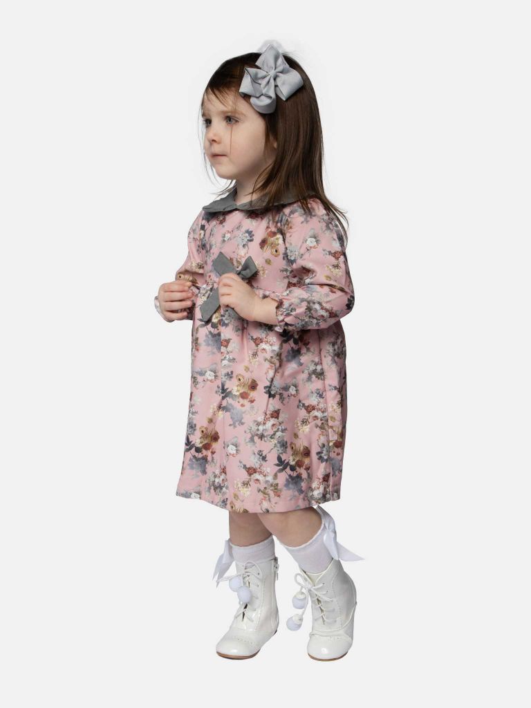Baby Girl Millie Floral Dress With Bow Long Sleeves - Dusty Pink