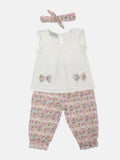 Baby Girl Margo French Collection 3-piece Frilly Top, Floral Printed Pants and Headband Set with Big Bow - White & Multicolour