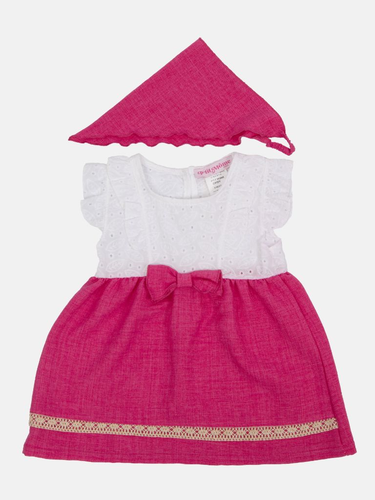 Baby Girl Cindy French Collection Pink and White Dress with Gold Trim and Bandana - Pink and White
