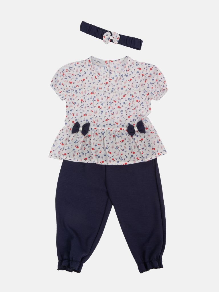 Baby Girl Adaline French Collection 3-piece Floral Printed Puff Sleeves Top, Pants and Headband Set with Big Bow - White & Navy Blue