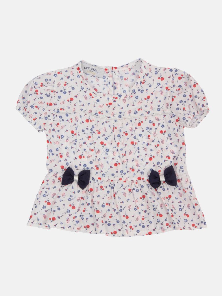 Baby Girl Adaline French Collection 3-piece Floral Printed Puff Sleeves Top, Pants and Headband Set with Big Bow - White & Navy Blue