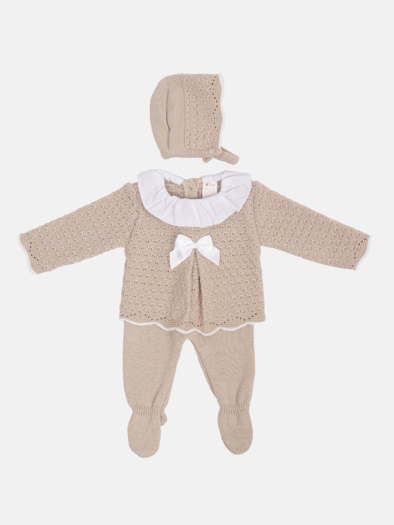Baby Girl Mia Collection 3-piece Beige Knitted Set with Bow and Bonnet