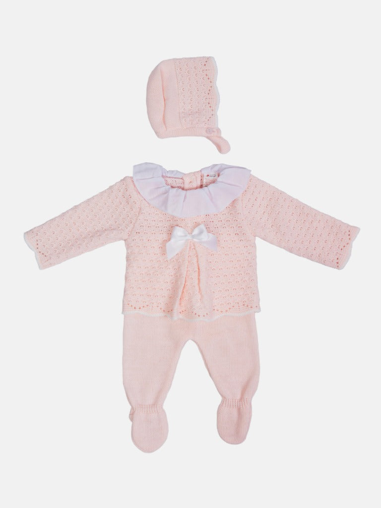 Baby Girl Mia Collection 3-piece Baby Pink Knitted Set with Bow and Bonnet