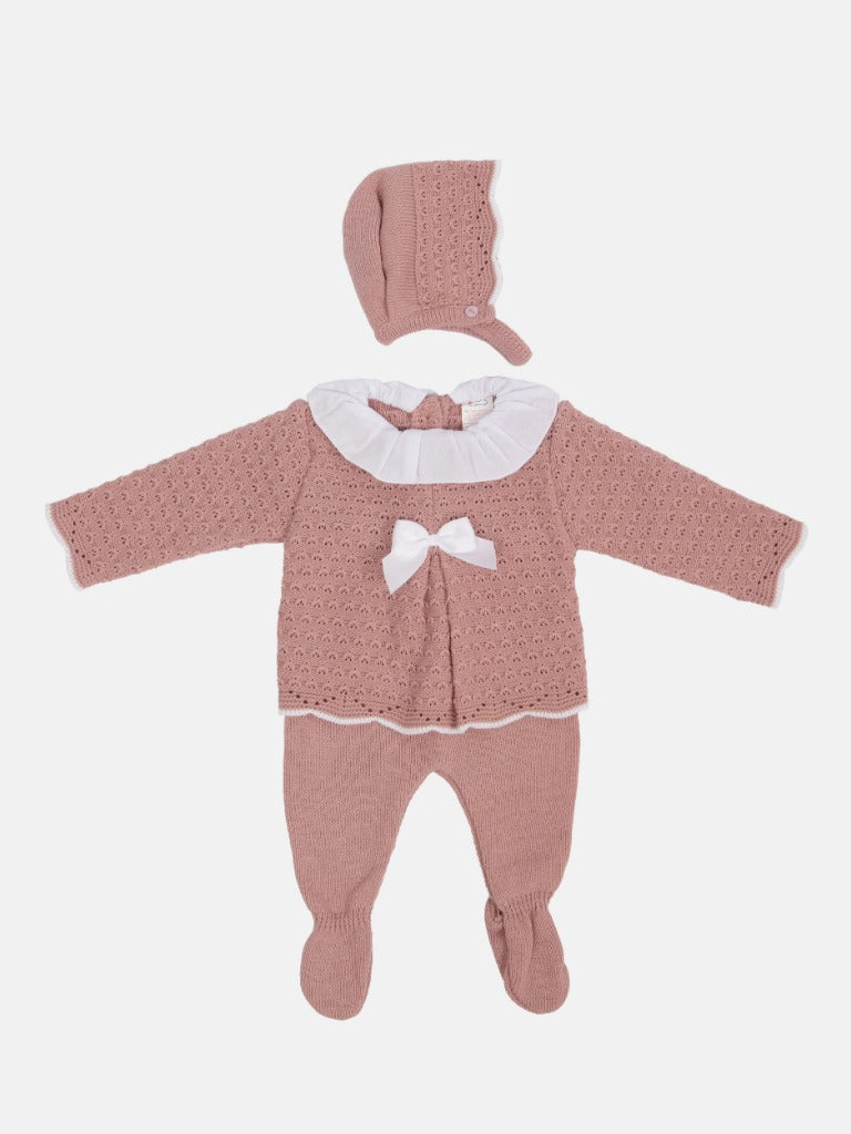 Baby Girl Mia Collection 3-piece Knitted Set with Bow and Bonnet-Dusty Pink