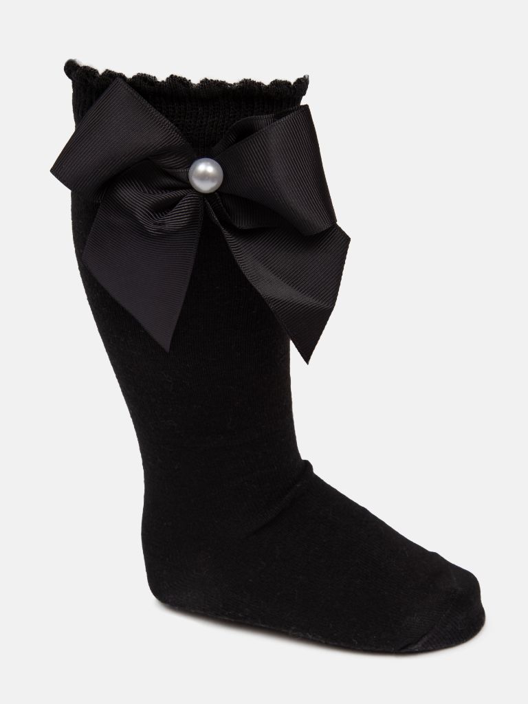 Baby Girl Knee Socks with Satin Bow and Pearl - Black