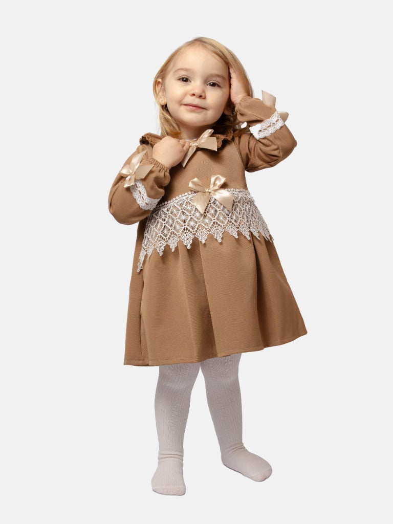 Baby Girl Adella Collection Brown Spanish Dress with Bows and Lace