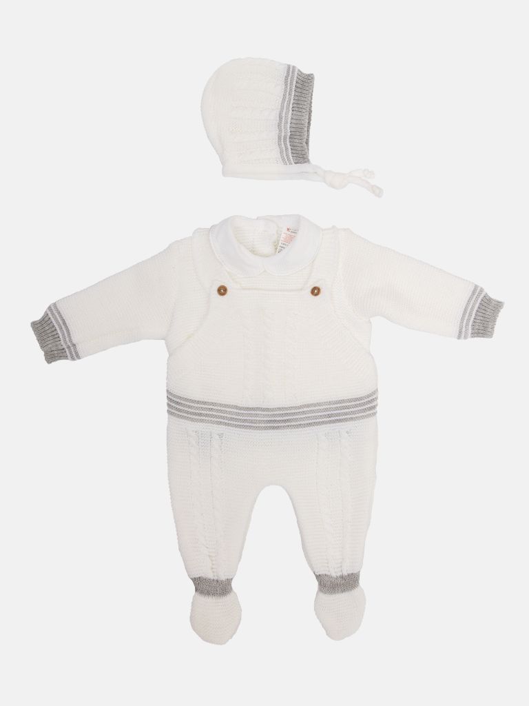 Baby Unisex Merida Collection 3-piece White & Grey Knitted Set with Dungaree & Bonnet