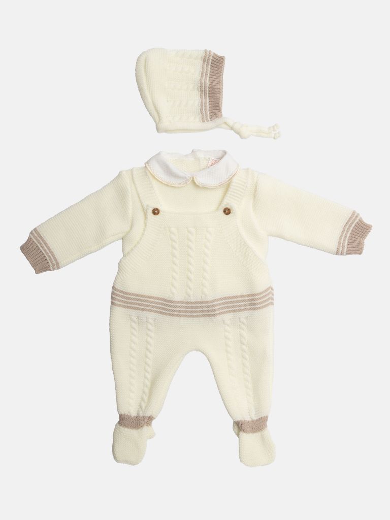 Baby Unisex Merida Collection 3-piece Ivory & Beige Knitted Set with Dungaree & Bonnet