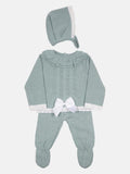 Baby Girl Knitted 3-piece set with bow and Bonnet - Mint Green