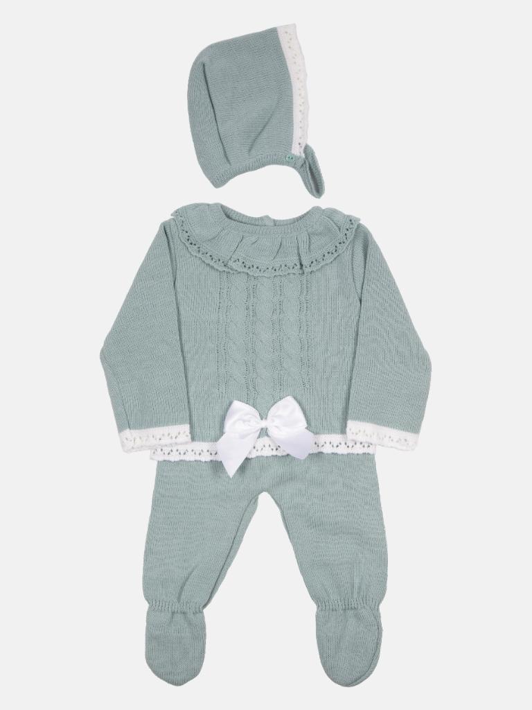 Baby Girl Bella Collection Knitted 3 piece set with bow - Mint Green