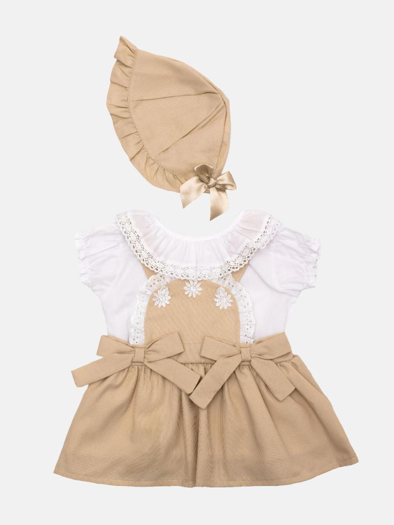 Baby Girl Natalia Collection Dress with Hat & Bows - Beige
