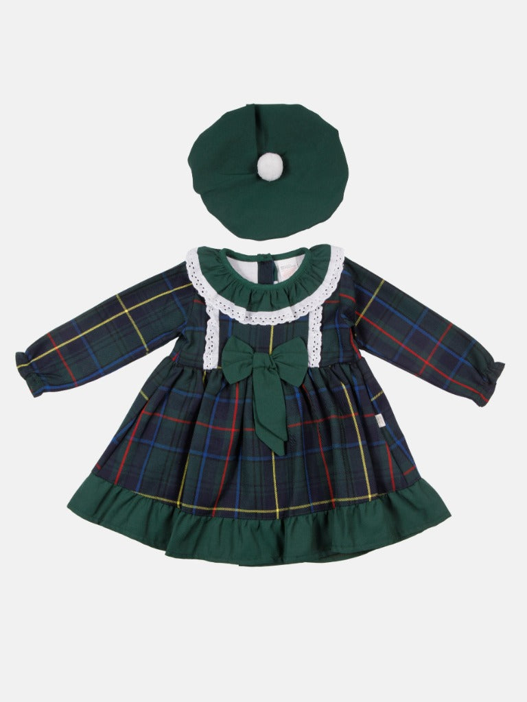Baby Girl Star Collection Dress with Tartan Beret and Bow - Long Sleeves - Green with Tartan - Normal Fit
