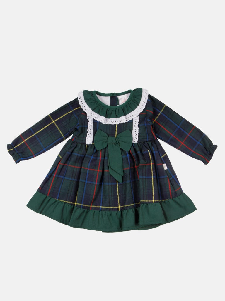 Baby Girl Star Collection Dress with Tartan Beret and Bow - Long Sleeves - Green with Tartan - Normal Fit