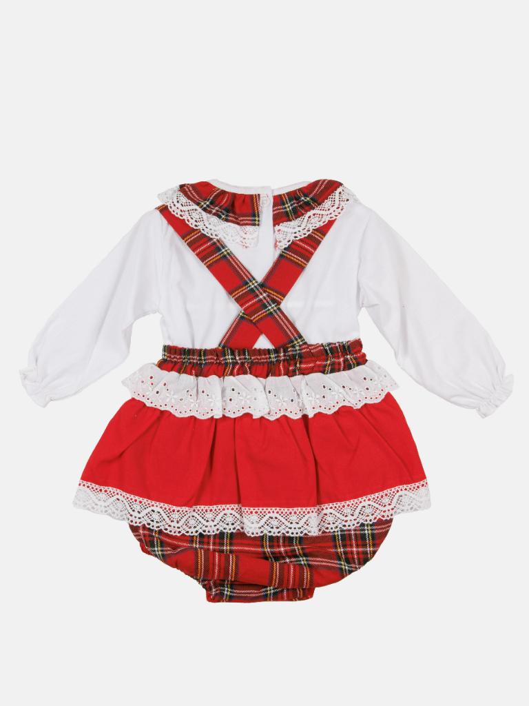 Baby Girl Winter Wonderland Collection Tartan Romper with Frills, Lace and Bows - Long Sleeves - Tartan and white collar - Small Fit