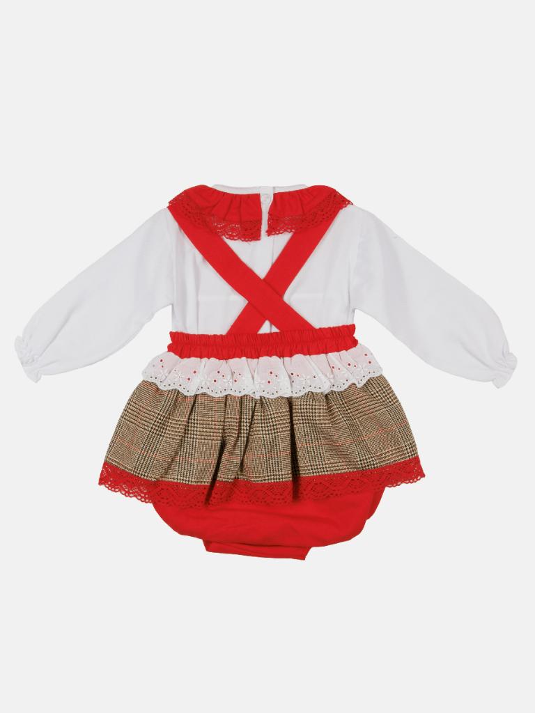 Baby Girl Winter Wonderland Collection Tartan Romper with Frills, Lace and Bows - Red collar