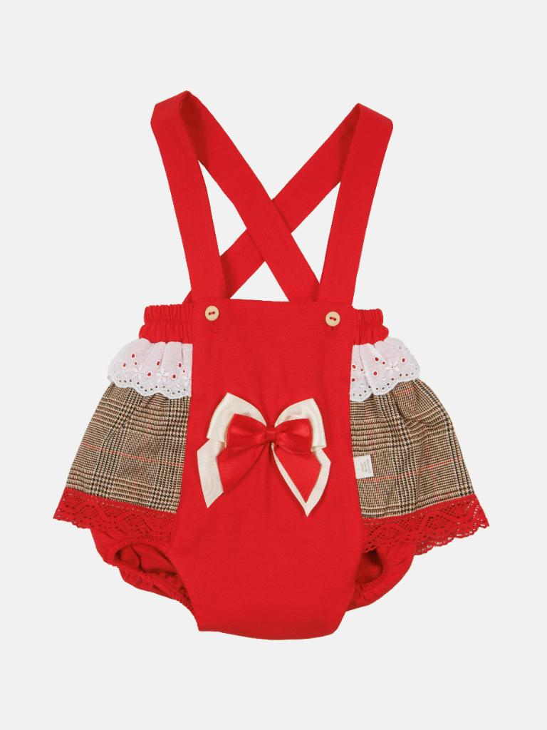 Baby Girl Winter Wonderland Collection Tartan Romper with Frills, Lace and Bows-Red collar