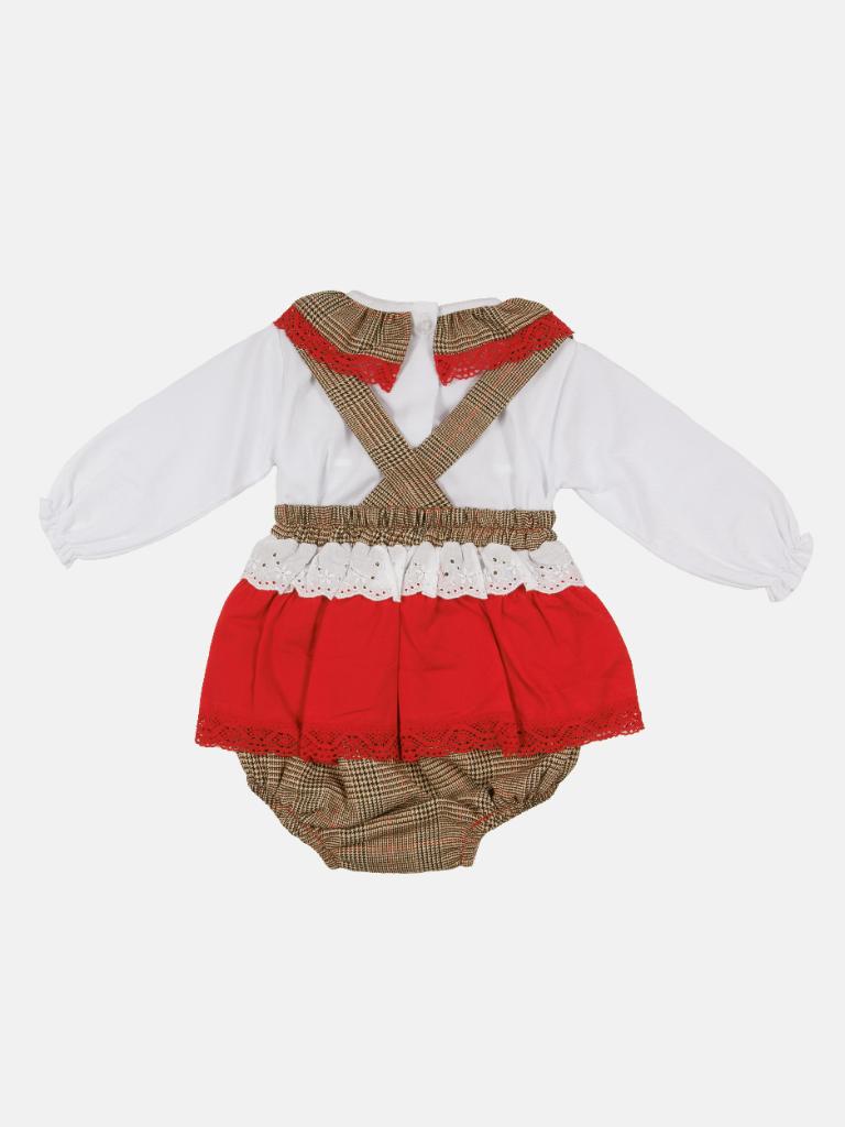 Baby Girl Winter Wonderland Collection Tartan Romper with Frills, Lace and Bows - Beige and Red collar