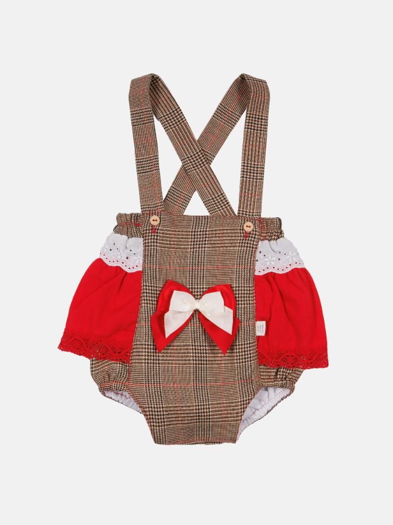 Baby Girl Winter Wonderland Collection Tartan Romper with Frills, Lace and Bows-Beige and Red collar