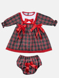 Baby Girl Little Reindeer Collection Tartan Dress with 3 satin bows - Red and Green
