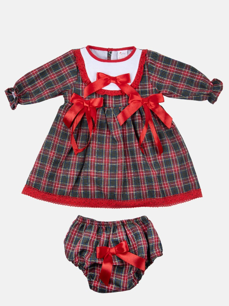 Baby Girl Little Reindeer Collection Tartan Dress with 3 satin bows- Red and Green
