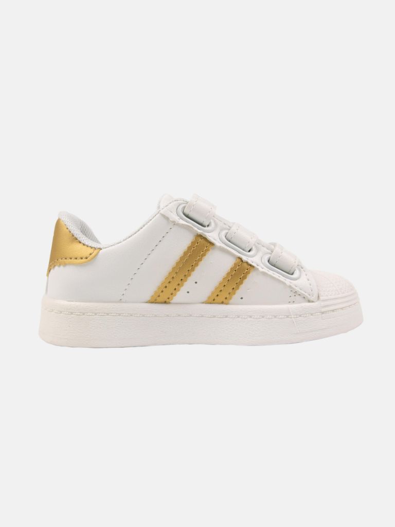 Unisex Triple Strap Trainers with Stripes - White and Gold